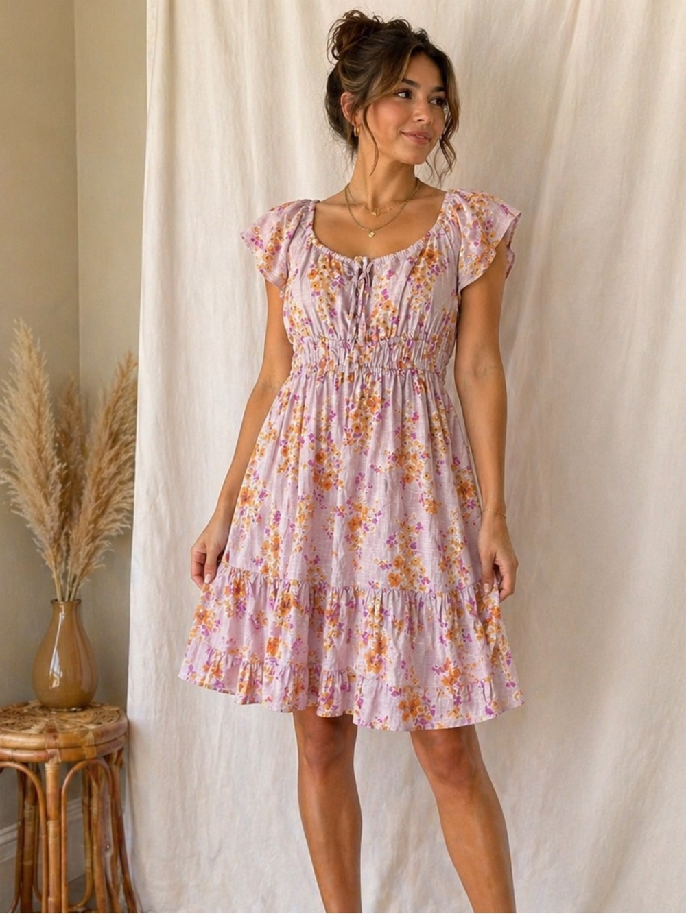 Floral Smocked Waist Lavender Mini Dress